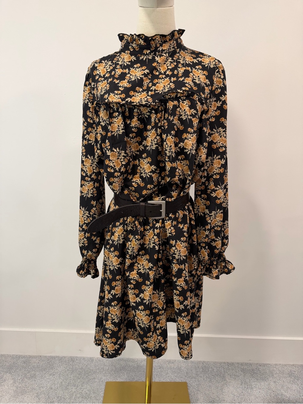 SHEIN Black Floral High-Neck Long Sleeve Dress